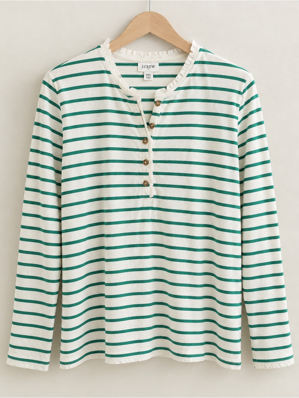 J. Crew White and Green Striped Ruffle Henley Long-Sleeve Top